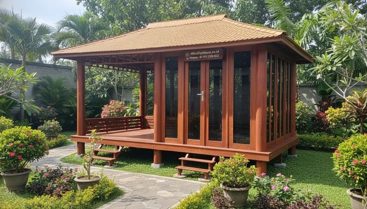 54187030d0f5908436d2045d89b180c0 Gazebo Minimalis Modern Kayu Jati Dinding Kaca - Image 1